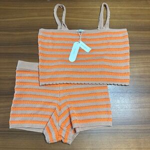 Anthropologie Orange Tan Crochet Striped Knit Set Tank Shorts Beach XL NWT